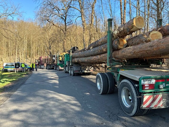 Schwerverkehrskontrolle auf der B236 deckt zahlreiche Mängel bei Holztransporten auf Holztransporter auf der Bundesstraße 236 bei Schwerverkehrskontrolle